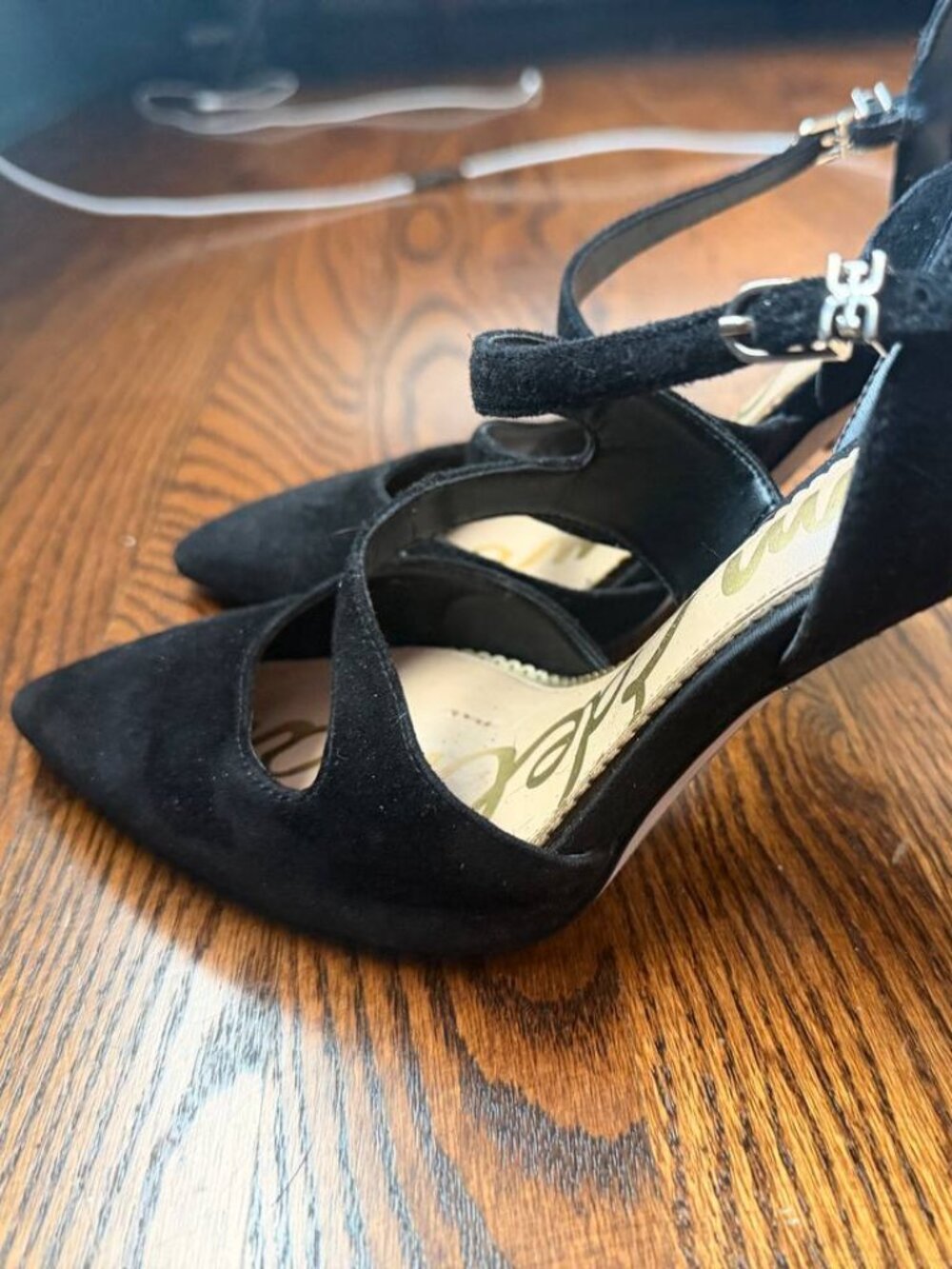 Sam Edelman Black Suede Strappy Pointed Toe Slingback Heels - Picture 2 of 4